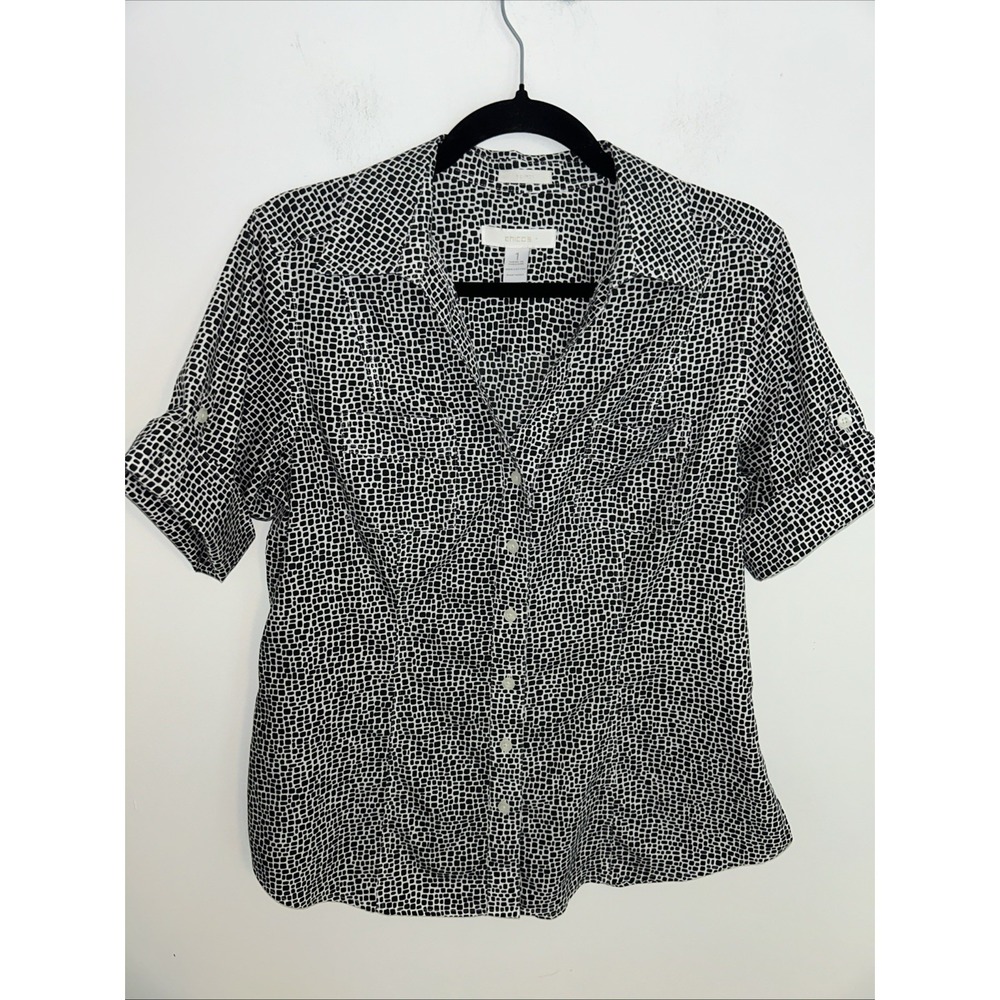 Chico's Women's 1– M Black White Short Sleeve V-neck Button Up Blouse Office‎